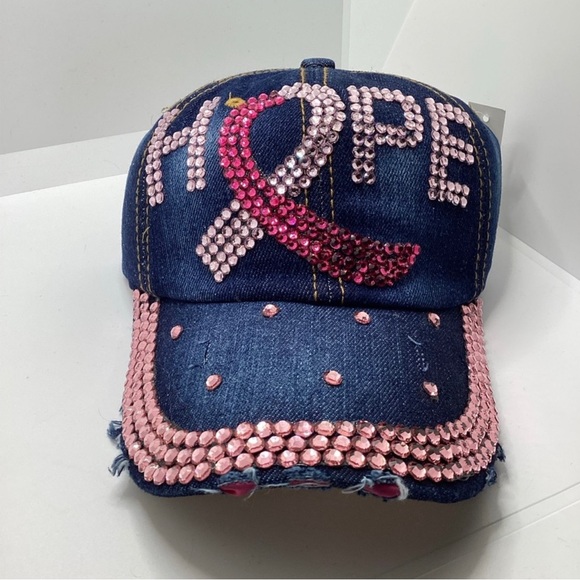 NEW Distressed Denim Rhinestone Bling Hope Breast Cancer Awareness Baseball Cap - Picture 1 of 3